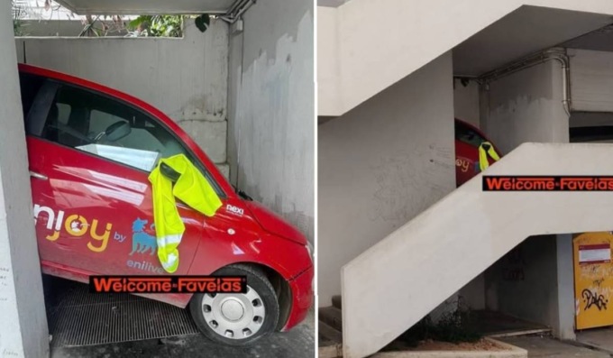 L’auto incastrata sulle scale: ma come ci è finita lì?