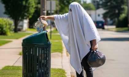 Si traveste da fantasma per buttare la spazzatura senza rispettare i turni della differenziata