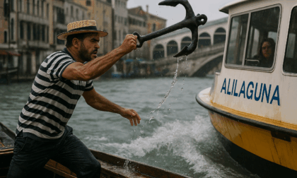 L'onda sollevata da un vaporetto travolge il barcaiolo, lui reagisce lanciando contro un'ancora