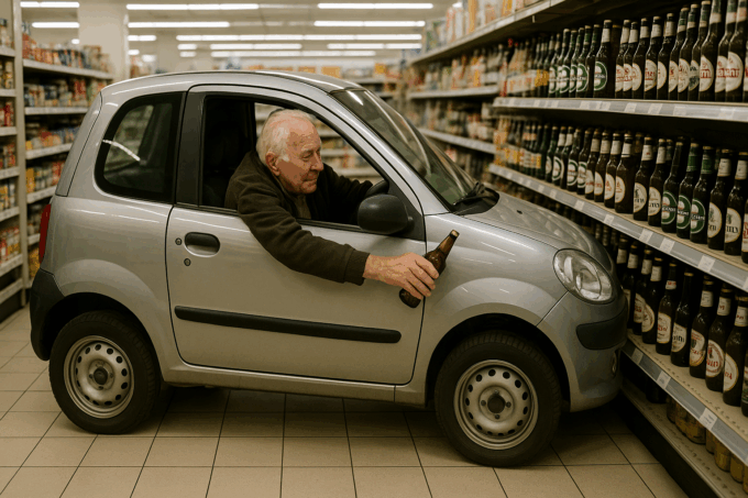 Anziano entra al supermercato con l’auto e parcheggia tra le corsie: “La birra pesa troppo”