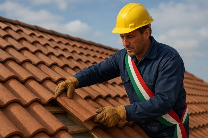 La cittadina non ha i soldi per sistemare le tegole, il sindaco sale sul tetto e ci pensa lui