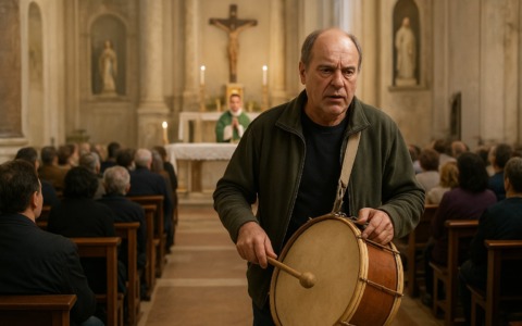 Infastidito dal suono delle campane, entra in chiesa durante la Messa e suona il tamburo