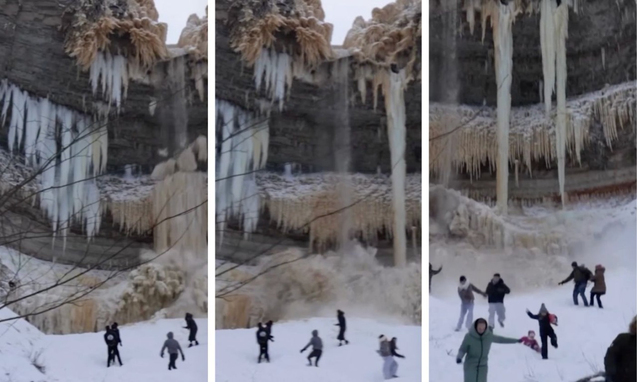 Cascata di ghiaccio crolla all’improvviso. Il video spettacolare (e spaventoso)