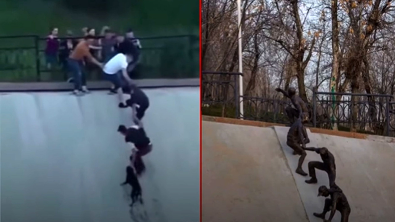 Una statua per ricordare la catena umana che salvò un cane dal canale