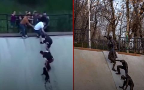 Una statua per ricordare la catena umana che salvò un cane dal canale